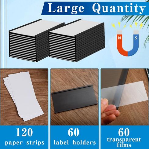 60 Pcs Magnetic Label Holders,4 x 2 in C Channel Magnetic Data Card Holders with Clear Plastic Protectors and White Paper Inserts,Reusabel Magnet Name Tags for Shelf,Whiteboard in Saudi Arabia