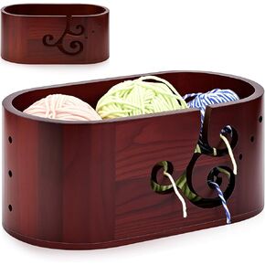 Marsui 3 Holes Curly Design Oversized Crochet Yarn Bowl 5.47 x 10.79 x 4.72 Inch Wooden Bowls for Yarn Wooden Bowl Holder Crochet Knitting Supplies Crocheters Gift (Reddish Brown)