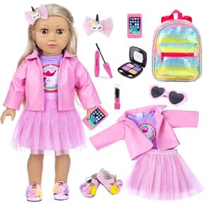 ZNTWEI American 18 Inch Doll Makeup Accessories and Clothes Sunglasses Phone Eye Shadow Lipstick Blusher Hair Clip Backpack Doll Clothes and Shoes Makeup Play Set Gifts ( No Doll )