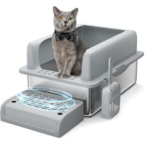 8'' Metal Stainless Steel Cat Litter Box Extra Large Litter Box for Big Cats with High Sided, Anti-Urine Leakage, Easy Cleaning Include Cat Mat and Scoop