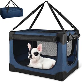 24 inch Dog Crate - Soft Collapsible Dogs Crate for Small Pets, Portable Travel Pet Carrier with 4 Mesh Doors, Foldable Car Kennel for Puppy with Handle for Indoor and Outdoor, Bule