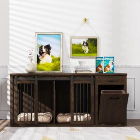 Large Dog Crate Furniture Large Breed,71 Inch Wooden Dog Crate with Tilt Out Trash Cabinet,Drawers,Divider and Sliding Barn Door, Double Doors Dogs Crate for 2 Dogs (White)