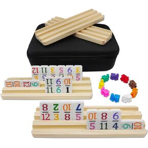 Travel Edition - Mexican Train Dominoes Set with Numbers and 4 Wooden Racks, 91 Tiles Travel Double 12 Dominos Game Set with Portable Case for Families Kids