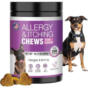 Dog Allergy Relief Chews 200ct - Allergy and Itching Skin Relief Aller Immune Bites for Dogs Itching Licking Paws Treatment Relief Itchy Chew Probiotics Vitamins for Skin and Coat Anti Itch