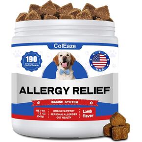 Alcog Allergy يمضغ 190 ٪ أوميغا 3 زيت السمك المضاد لمكمل البشرة والمعطف مع بروبيوتيك اللبوتيك الكلب حكة الجلد راحة الجلد الجاف لعق الحكة الموسمية الدعم المناعي