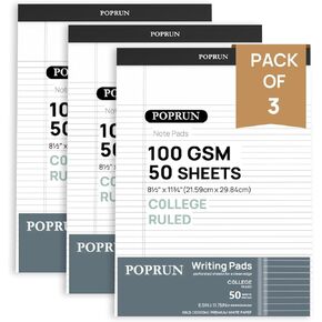 POPRUN White Legal Pads 8.5 x 11.75 College Ruled, 100GSM Writing Paper Pad, Bulk Lined Notepad Notebooks for Work School, Classroom Office Supplies, 6 Pack
