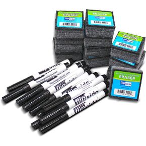 Flipside Products 12 Student Erasers, 12 Colored Dry Erase Markers, Class Pack, Classroom, Small Erasers for Whiteboard and Chalkboard, 24 Total Pack