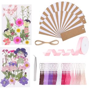 60 Pcs Kraft Paper Blank Bookmarks, DIY Pressed Flower Craft Bookmarks Set, Dried Floral Book Mark Making Kit, with 40 Pcs Pressed Flowers, 30 Pcs Tassels, 1 Roll Ribbon, 1 Roll Twine, 1 Pcs Tweezers