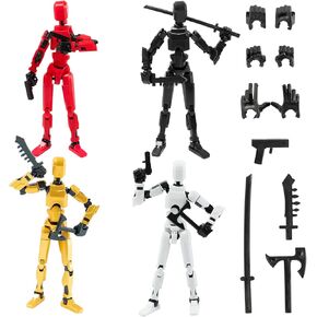 4PCS Titan 13 Action Figures Set Robot Fidget Toys for Kids, Lucky Dummy T Nova N 13 Action Stick Figure Sensory Toy for Boys, Multi Movable Joints Fidgets (Golden+Black+White+Blue)