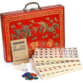 مجموعة Mahjong الصينية Cedilis مع 146 بلاط كبير (1.4 "، العاج) ، 2 النرد والحمراء الحمل لعبة على الطراز الصيني ، تجمع العائلة
