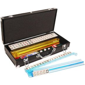 American Mah Jong Set - 166 Ivory Colored Engraved Tiles, 4 x Combo Rack/Pushers - Black Aluminum Case