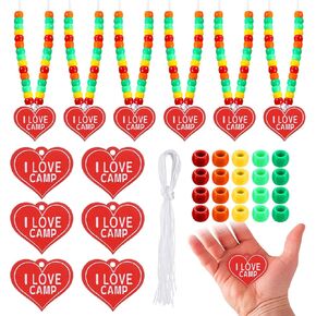 Quelay 24 Sets Camp Necklace Craft Camping Party Favors I Love Camp Beaded Necklace Craft Kit Colorful Travel Camping Beads Bulk for Birthday Classroom School Rewards Supplies