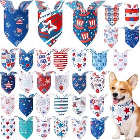 32 Pcs Patriotic Dog Bandanas Red White and Blue 4th of July Dog Bandanas American Flag Pet Scarf Triangle USA Bibs Independence Day Adjustable Kerchief for Small Medium Large Pets Costume Accessories