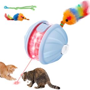 Interactive Laser Cat Toys for Indoor Cats, Rechargeable Electric Cat Ball with Replaceable Feather Toy, Motorized Rolling Cat Toys (Blue)
