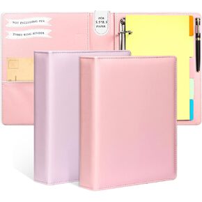 2 Pack Pu Leather Mini Binder 3 Ring 5.5" X 8.5" Mini Size 3 Ring Binders with 5 Colors Dividers Junior Size Binder Organizer 1 Inch D Ring Holds Up to 200 Sheets with Pen Loop Pocket（Pink&Purple）