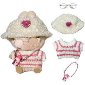 17cm Doll Outfits,Clothes for Labubu, Pink and White Knit Sweater with Hat,galsses and Bottle, Fits 6.7 inch/17cm Dolls