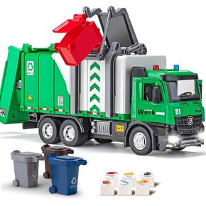 تحميل الجانبي Truck Truck Toys CAB المعدني ، شاحنة القمامة مع وظيفة مضخة الهواء ، الأضواء والأصوات ، تشمل 4 صناديق القمامة ، بطاقات التعلم ، هدية عيد ميلاد للأطفال الصغار Kids 12 "