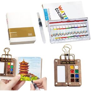 Pocket Artist Watercolor Travel Set, Pocketartist Drawing Board Paint Palette Travel Kit, Mini Portable Watercolor Travel Set Painter‘s Palette with Brush and Sketchbook (8 Grid)