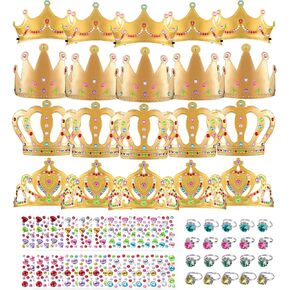 60 Pieces Gold Foam Crowns Princess Crown Craft Diy Princess Tiaras Crowns with Diamond Sticker Gem Rings Making Crown Kits for Birthday Party Favor Supplies