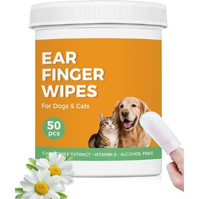 Ear Cleaner Finger Wipes, Pet Wipes for Dogs & Cats, Soft Otic Cleaning Pads, Natural Dog Ear Wipes Gently Remove Wax, Dirt and Odor, Non-Irritating, 50 Counts
