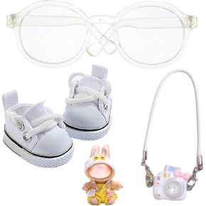 Doll Accessories Set for Labubu Included Mini Glasses, Camera and Mini Shoes for Doll, Dress Up Accessories for 17cm Doll, Mini Costume Supplies for Doll (Transparent)