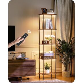 Display Shelf with Light, 5-Tier Modern Shelf Lamp, Corner Floor Lamp with Shelves, Dimmable LED Floor Lamp for Living Room with Remote, 3CCT, Timer, Wooden Corner Shelf Lamp, Rustic Brown