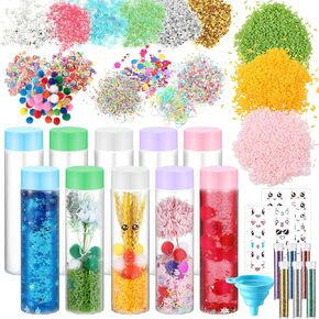 Baderke 10 Set Sensory Bottles Kits Supplies Empty Plastic Bottles Funnel Rice Stars Sequins Clay Slices Stickers Glitter Powder Colored Foam Balls for DIY Art Fun Crafts