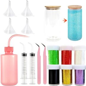 Newivi 15-Piece Snow Globe Tumbler DIY Supplies with 6 Colors Fine Glitter & 4 Funnels & 2 Bent Tweezers - Glitter Cup Craft Tools, Includes Spray Bottle, Syringes for Home Crafts (Cups Not Included)