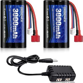 بطارية Urgenex li-ion 7.4v 3000mAh سعة عالية مع قابس t-style t-plug 2s قابلة لإعادة الشحن الملائمة لسيارات Wltoys 4WD عالية السرعة RC ومعظم 1/10 ، 1/12 ، 1/16 SCALE RC CARS TRUCKS مع شاحن الشاحن