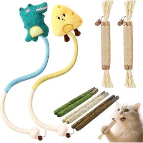 Cat Chew Toys, 11 Pack Kitten Catnip Toys Silvervine Sticks for Indoor Cats Teeth Cleaning, Interactive Treat Stretch Dental Chew Rope with Bell Feather
