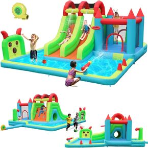 Inflatable Water Slide Park 18x15FT Mega Water Park Bounce House w/Double Waterslide Large Splash Pool, Deep Pool, Shower,Water Cannon,Climbing Wall and Jumping Bouncer for Backyard Outdoor