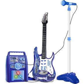 deAO Musical Guitar Play Set,Adjustable Height Microphone,Amplifier Set with Stand,Music Light Karaoke Music Toys Birthday for Kids Boys Girls