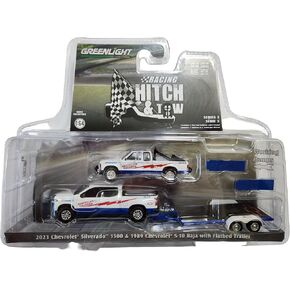 Greenlight 31170-C Racing Hitch & Tow Series 5 – 2023 Chevy Silverado 1500 and 1989 Chevy S-10 Baja – American Thunder with Flatbed Trailer 1/64 Scale