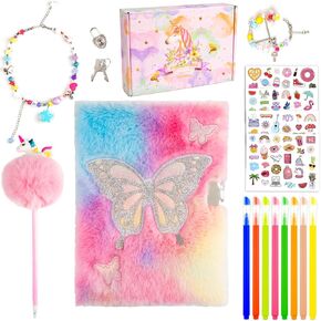 Diary for Girls with Lock and Keys, Kids Journal School Travel Notebook Gift Set for Writing and Drawing,Multicolored Pen, Stickers, Birthday Gift for Girls Ages 6-8 (Pink-Butterfly)