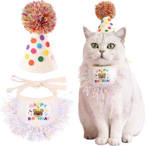 Kunyeah 2Pcs Pet Happy Birthday Hat Scarf Set Puppy Princess Costumes Cute Cat Bandana Outfit Dog Cone Hat wtih Pom-pom Colorful Lace Bib Collar Pet Birthday Decorations Party Supplies (Pink)