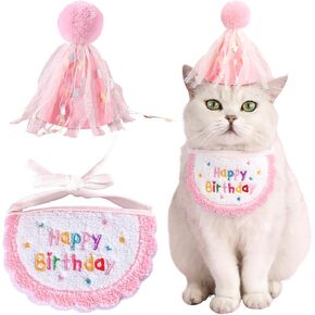 Kunyeah 2Pcs Pet Happy Birthday Hat Scarf Set Puppy Princess Costumes Cute Cat Bandana Outfit Dog Cone Hat wtih Pom-pom Colorful Lace Bib Collar Pet Birthday Decorations Party Supplies (Pink) in Saudi Arabia