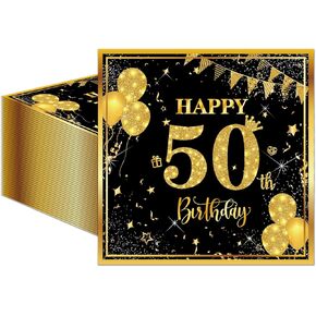 50PCS 50th Birthday Napkins, 13 x 13 inches Black and Gold Cocktail Beverage Napkins Disposable Men Women Party Supplies for Birthday Wedding Anniversary Decoration