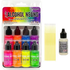 Alcohol Neons Bundle - Ranger Tim Holtz Alcohol Ink Neons 8pk with .5 oz Blending Solution and Trebbies Detail Sticks