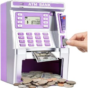 BAODLON Purple Piggy Bank for Kids, ATM Machine Bank for Real Money with Debit Card, Bill Feeder, Coin Recognition, Balance Calculator, Electronic Savings Safe Box, Cool Stuff Toys Gifts for Teen Girl