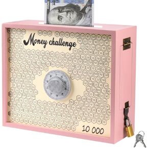 10000 Savings Challenge Box with Lock, Large Wooden 10k Money Saving Box Saver $10,000 Reusable Coin Money Challenge Cash Vault Save Boxes Tracker Piggy Bank for Adults Kids, Pink