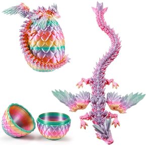 3D Printed Dragon Egg 12" Winged Dragon Inside with Articulated Horn, Rainbow Fidget Sensory Toy, Birthday Party Gift, Flexible Desk Companion, Easter/Christmas Surprise Stuffers (Luminous Rainbow)