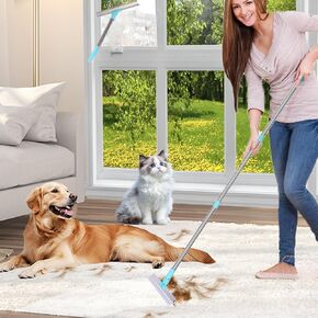 Carpet Rake for Pet Hair Removal, 2 in 1 Pet Hair Remover Tool with Floor/Window Scraper, Adjustable 60‘’ Long Handle, 180° Rotable Metal Head, Reusable Hair Rake for Cleaning Dog, Cat, Matted Carpet