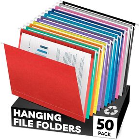 Hanging File Folders - (50 Pack), by Paper Plan, 8.5 x 11 Letter Size, 12 Assorted Colors, V-Base - Ideal for Easy and efficient Document Organization