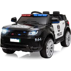 12V Kids Ride on Police Car with Car Cover, Battery Powered Electric Police Vehicles w/Remote Control, Intercom, Siren Flashing Light, Horn, Music, Suspension, for Boys Girls, Black