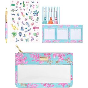 Lilly Pulitzer Pencil Case with Planner Accessories for Adults, Agenda Bonus Pack Includes Stickers, Click Pen, Mini Notepads, Bookmarks, and Zipper Pouch (Royal Coral)