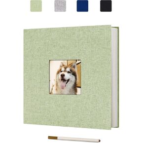 Photo Album Self Adhesive Scrapbook for 4x6 5x7 8x10 Pictures Linen Cover Scrapbook Album DIY with Display Window 40 Blank Pages with A Metallic Pen for Family Wedding Travel Baby, Green