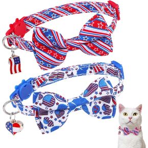 American Flag Cat Collar with Bell Bow Tie Star Breakaway for 4th of July Independence Day, Adjustable Safety Kitten Collars with Removable Bowtie & Charm for Boys Girls Male Female Cats
