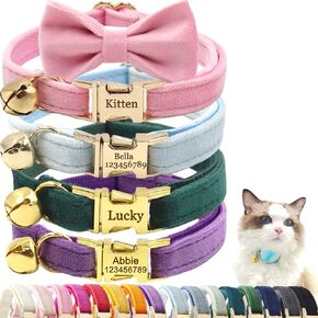 Cat Collar with Name Tag, Bell, Air-Tag Holder, Bow-Tie, Personalized Cat Collars for Boys Girls Kitten, Custom Engraved Small Large Female Male Pet Cats Collar with ID Tags Soft Cute Velvet
