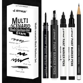 Art Pens set 5pcs, Drawing Pen with Brush Pen, Fineliner, Pencil, Acrylic Paint Pens for Black Paper Writing (White)