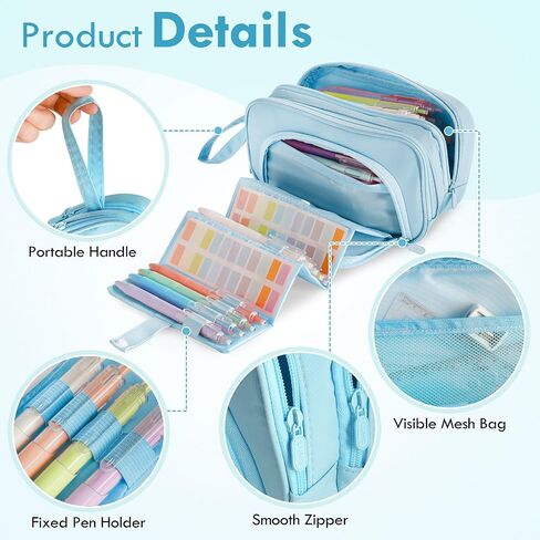 Large Capacity Pencil Case with Pull-out Structure - Multifunctional Extra Big Pencil Pouch Pen bag, Portable Stationery Organizer with Zipper, Office School Supplies for Teen Boys Girls, Blue in Saudi Arabia
